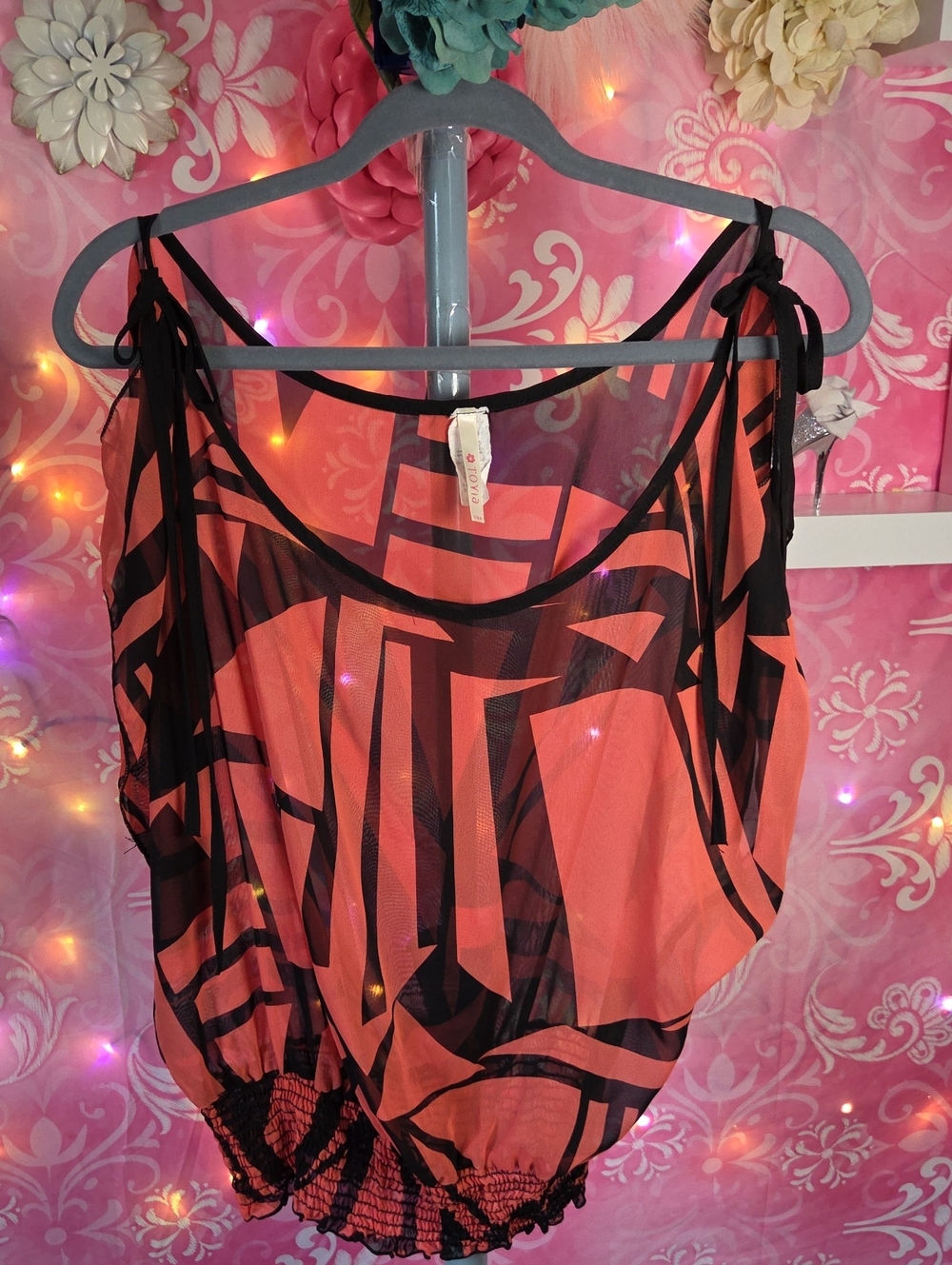 Tovia Coral and Black Striped Top.